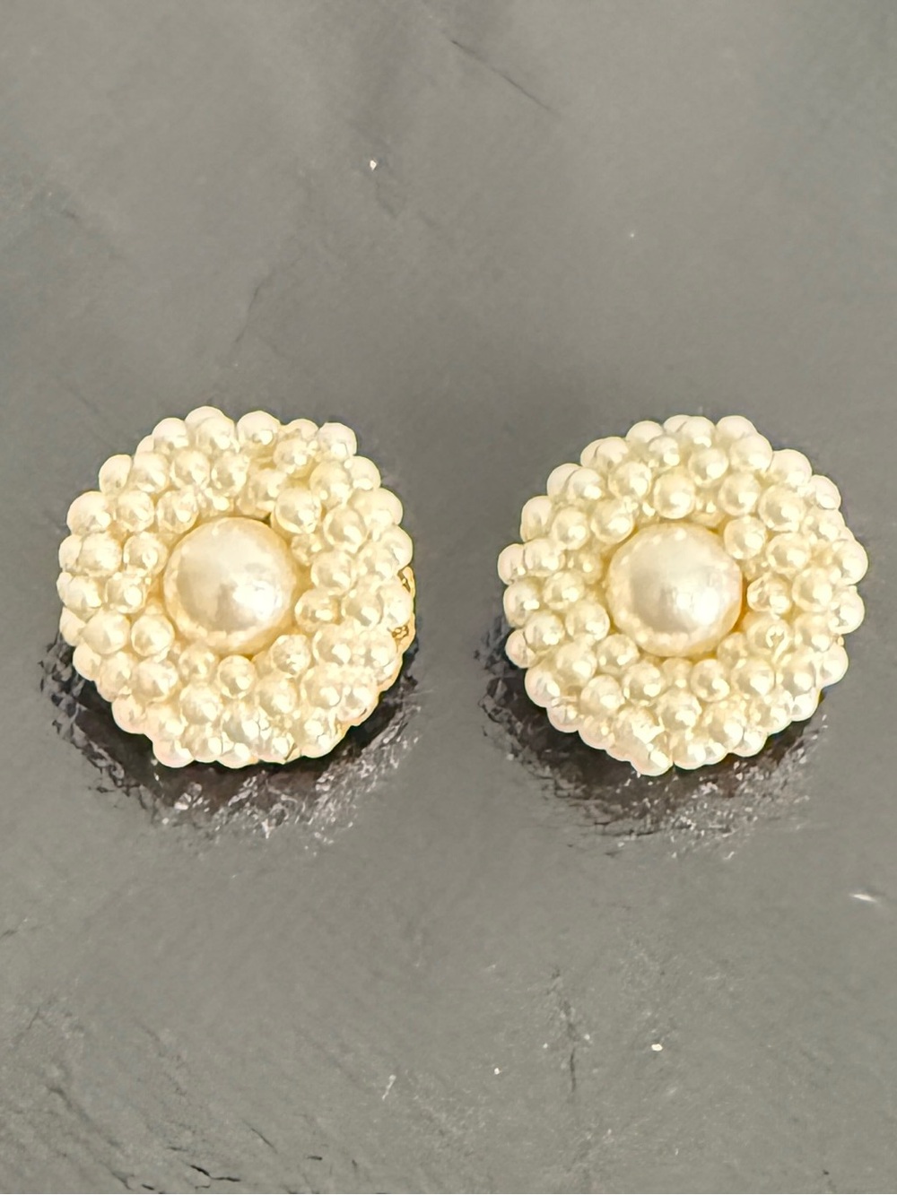 Vintage Faux Pearl Cluster Clip On Earrings Floral Seed Pearl Bead